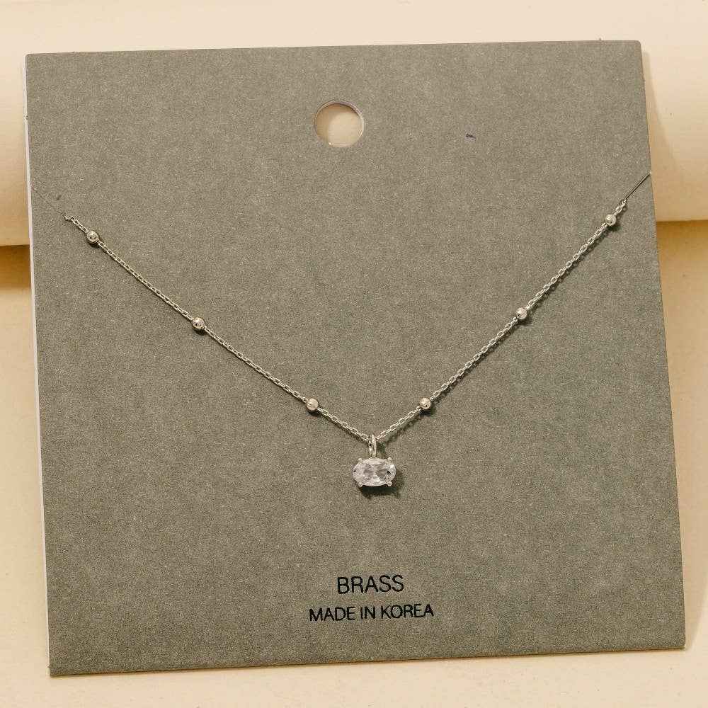 Faceted Oval Gem Pendant Station Bead Chain Necklace: Silver