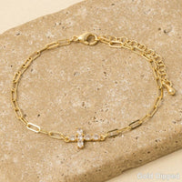 Gold Dipped Cubic Zirconia Cross Dainty Chain Bracelet
