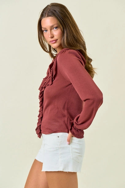 Ruffle Button Front Top - Maroon