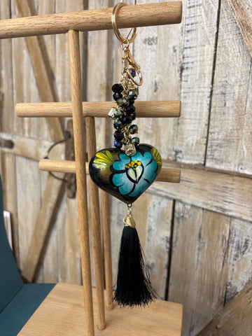 Black Painted Heart Beaded Keychain With Tassel