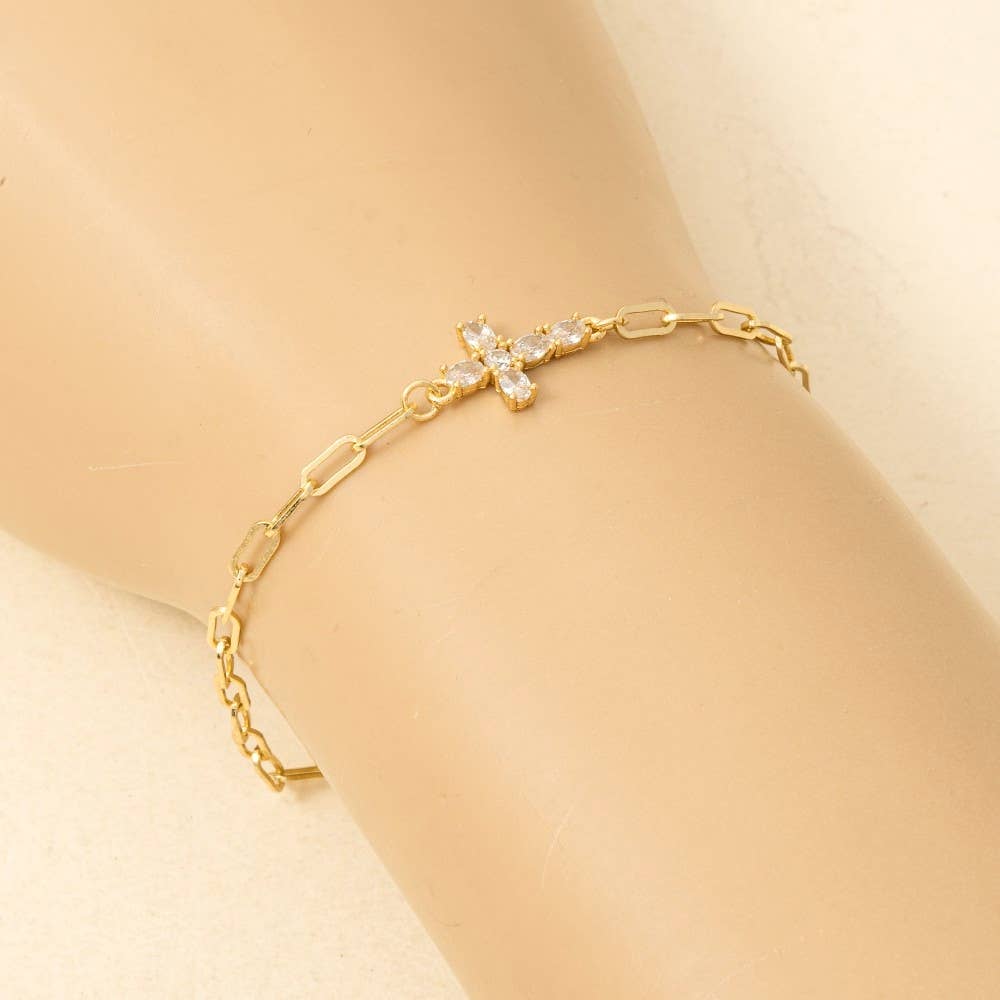 Gold Dipped Cubic Zirconia Cross Dainty Chain Bracelet