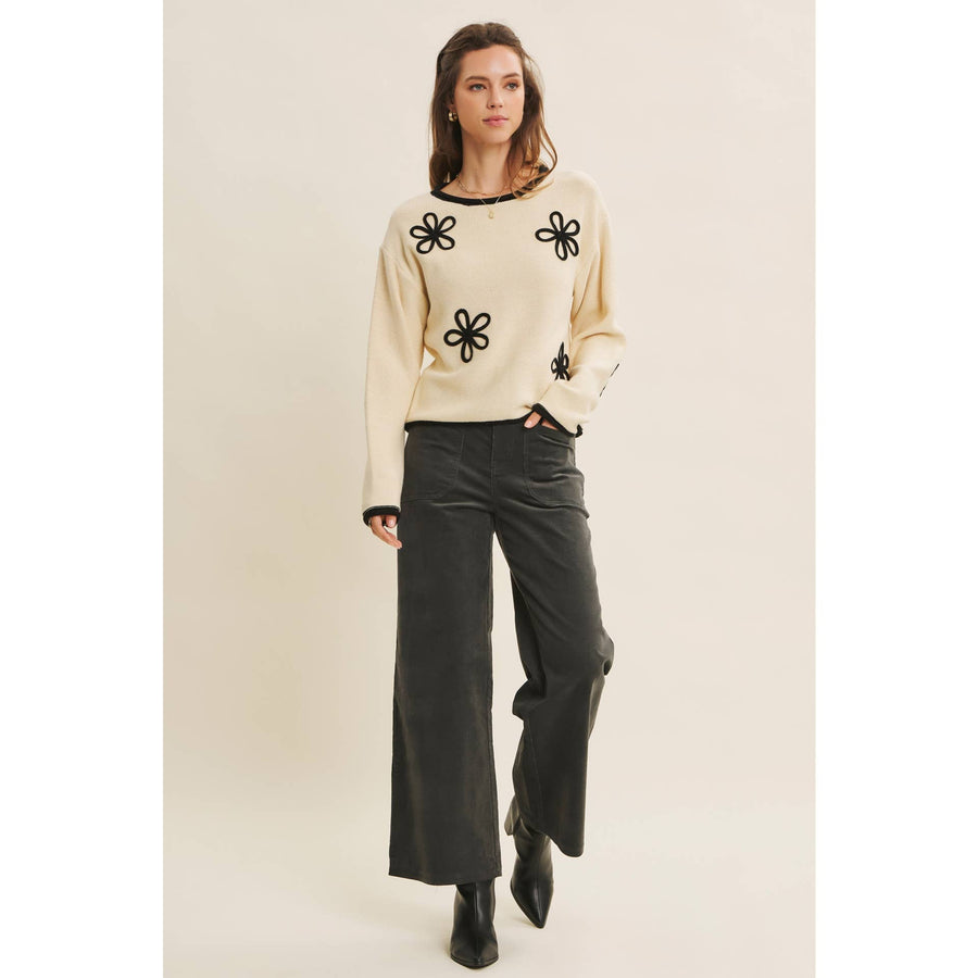 Floral Applique Sweater - Natural