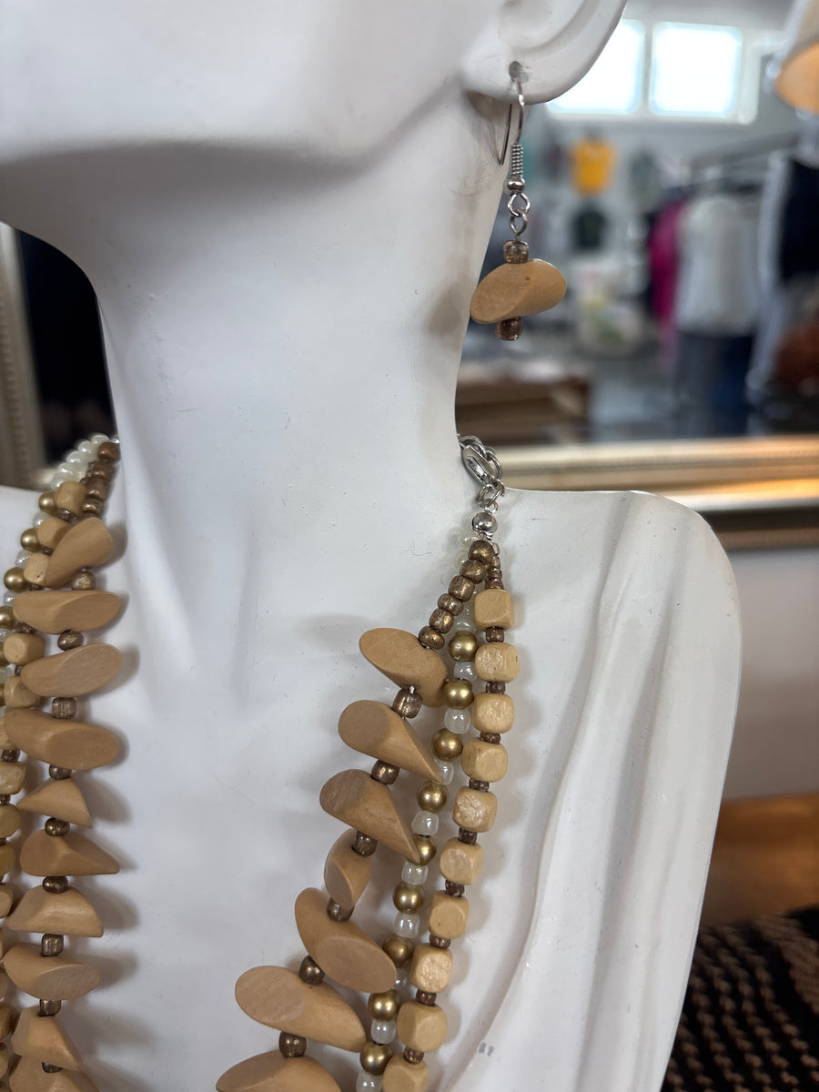 Tan Beaded Necklace + Earring Set