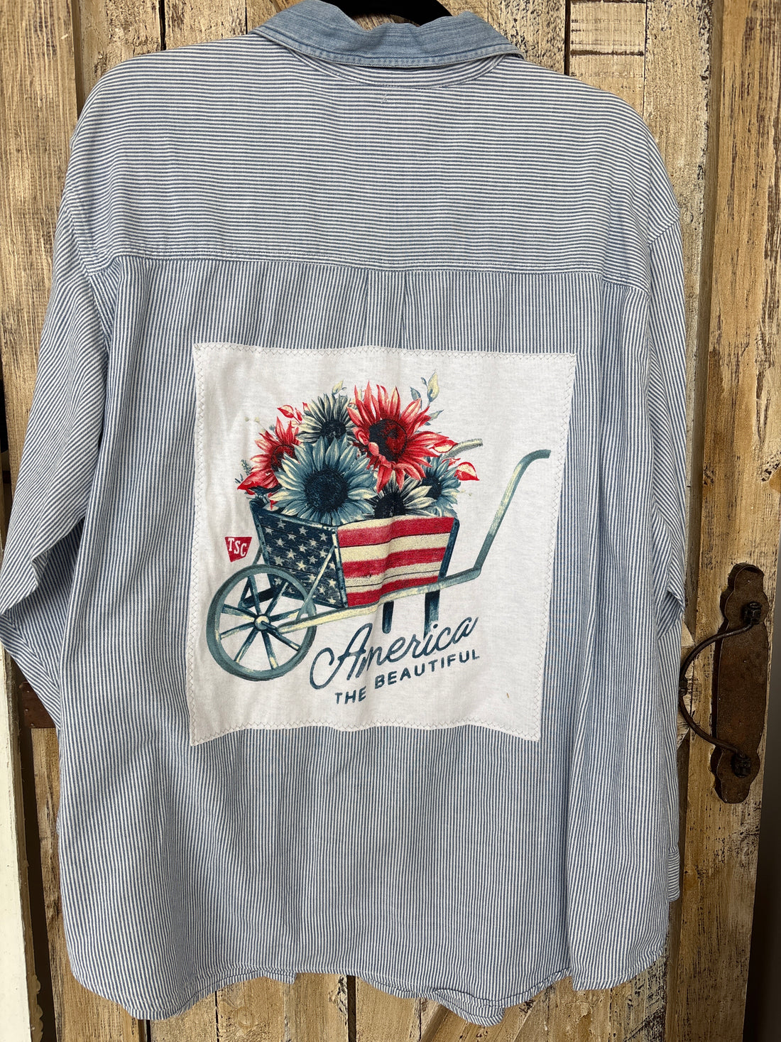 Repurposed Shirt with America The Beautiful Flowers Patch