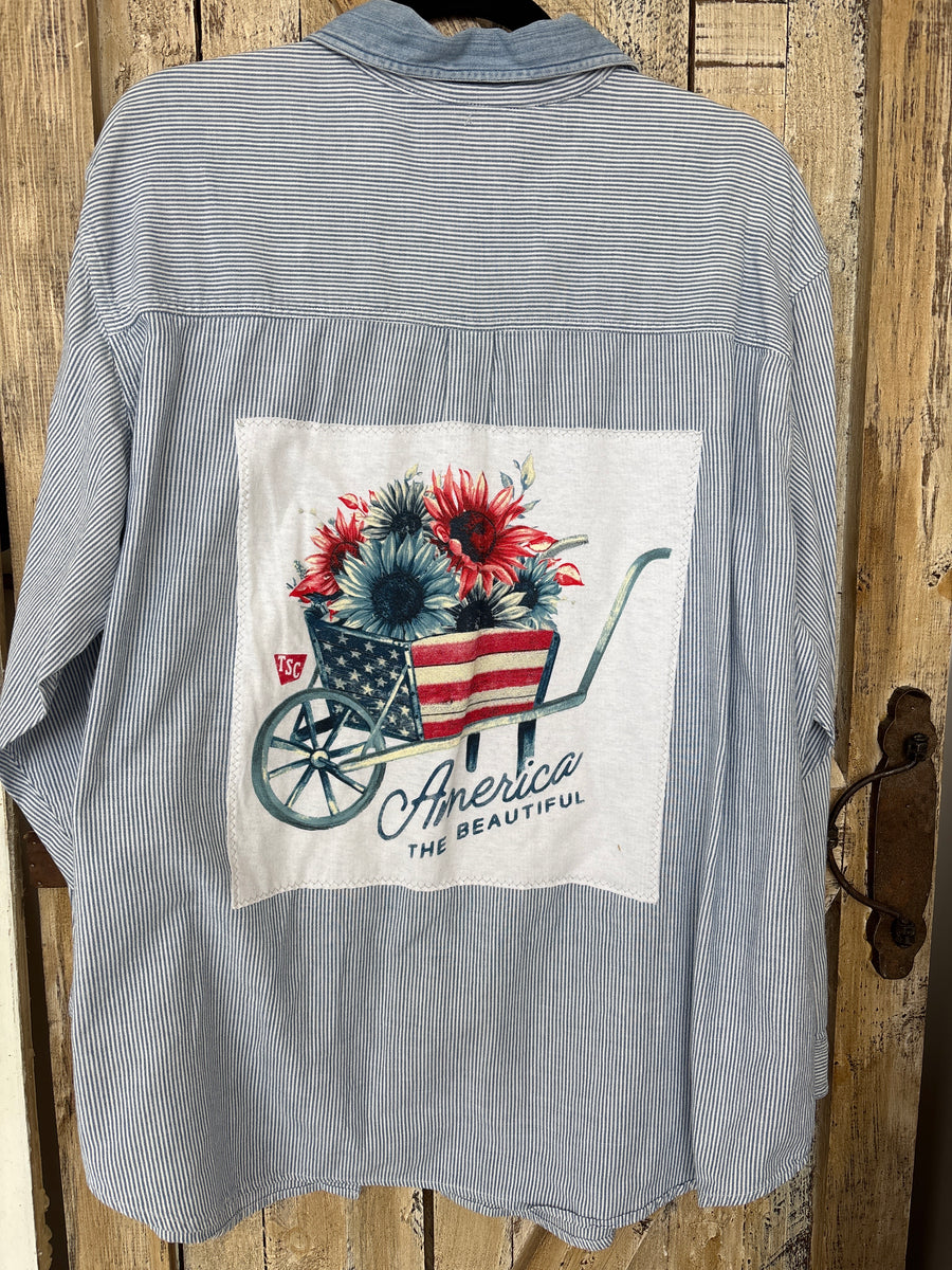 Repurposed Shirt with America The Beautiful Flowers Patch
