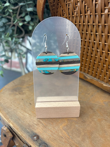 Multicolor & Wood Striped Round Resin Drop Earrings - Aqua