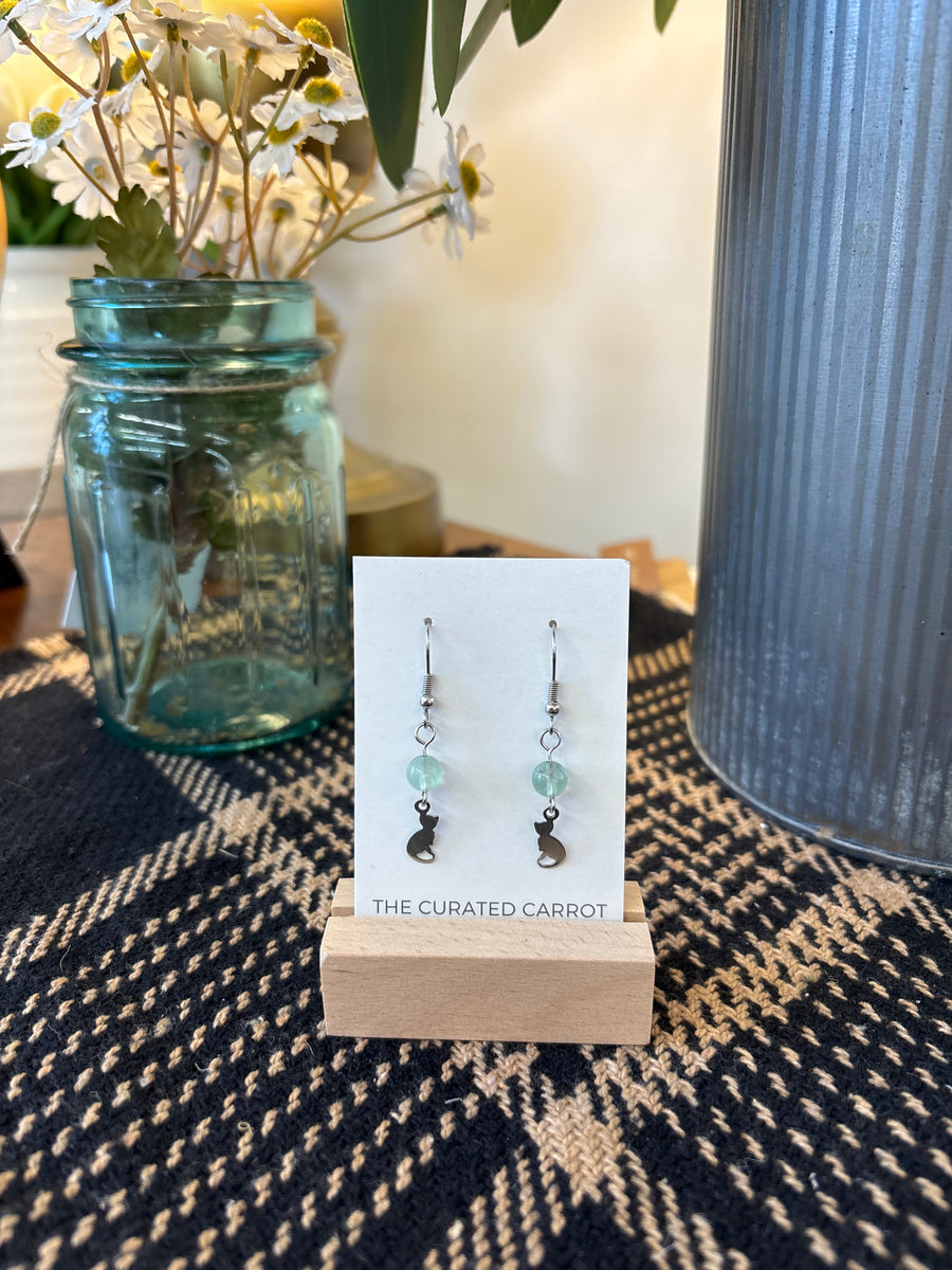 Silver Tiny Cat with Green Bead Drop Earrings