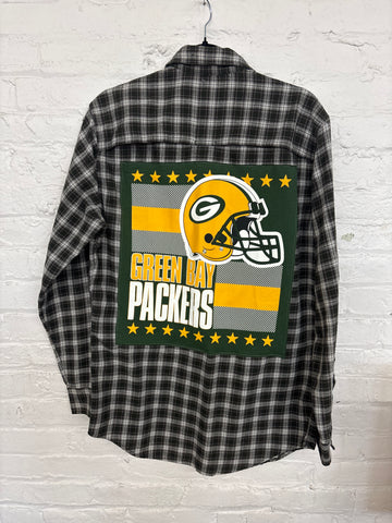 Repurposed Flannel Shirt with Green Bay Helmet Patch