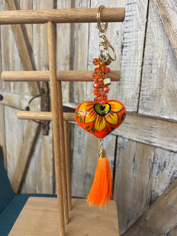 Orange Painted Heart Beaded Keychain With Tassel