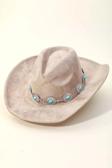 Turquoise Oval Stone Strap Cowboy Hat - Taupe