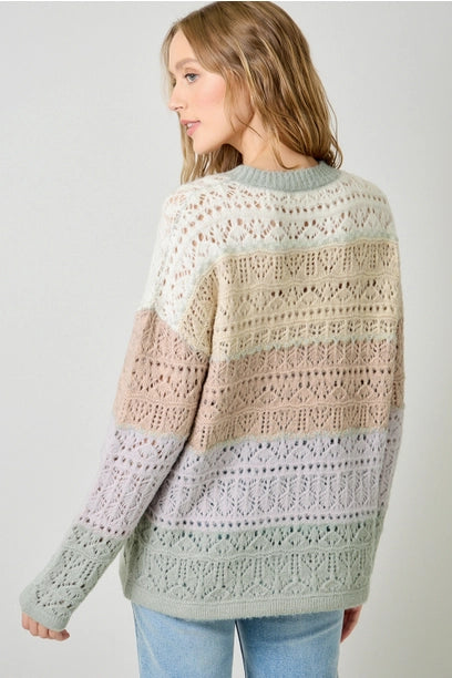 Color Blocked Pointelle Sweater - Ivory Oatmeal