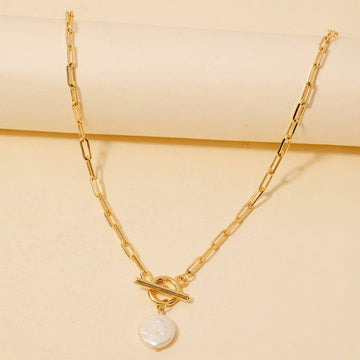 Toggle Chain Link Disc Pearl Charm Necklace - Gold