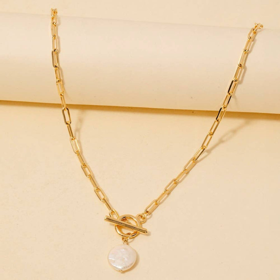 Toggle Chain Link Disc Pearl Charm Necklace - Gold