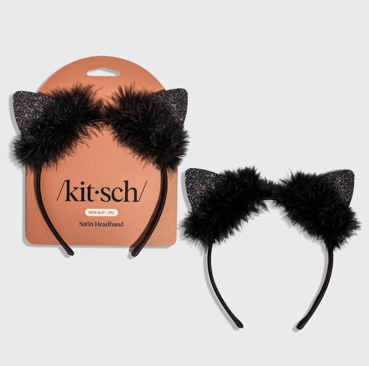 Satin Cat Ears Headband - Black Glitter