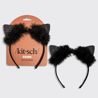 Satin Cat Ears Headband - Black Glitter