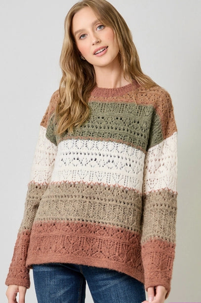 Color Blocked Pointelle Sweater - Latte Olive
