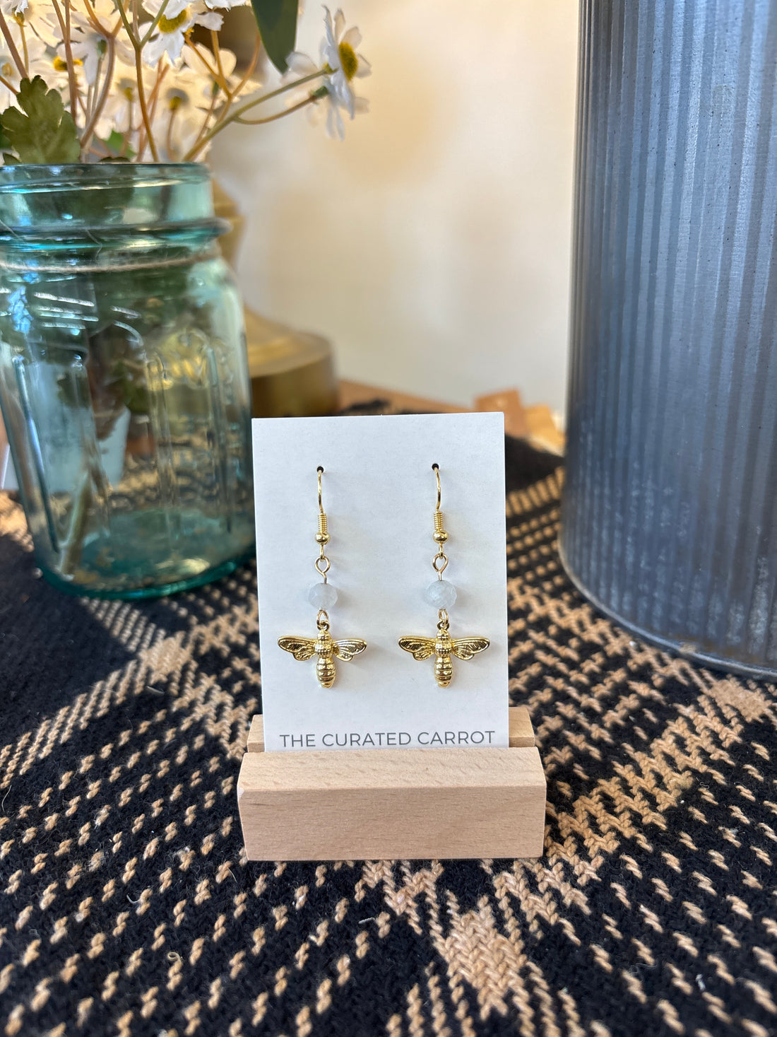 Gold Bee with Cloudy Clear Bead Drop Earrings