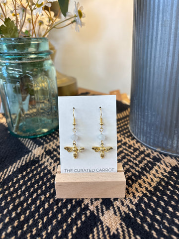Gold Bee with Cloudy Clear Bead Drop Earrings