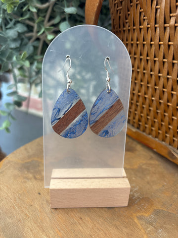 Smoky Blue & Wood Egg Resin Drop Earrings
