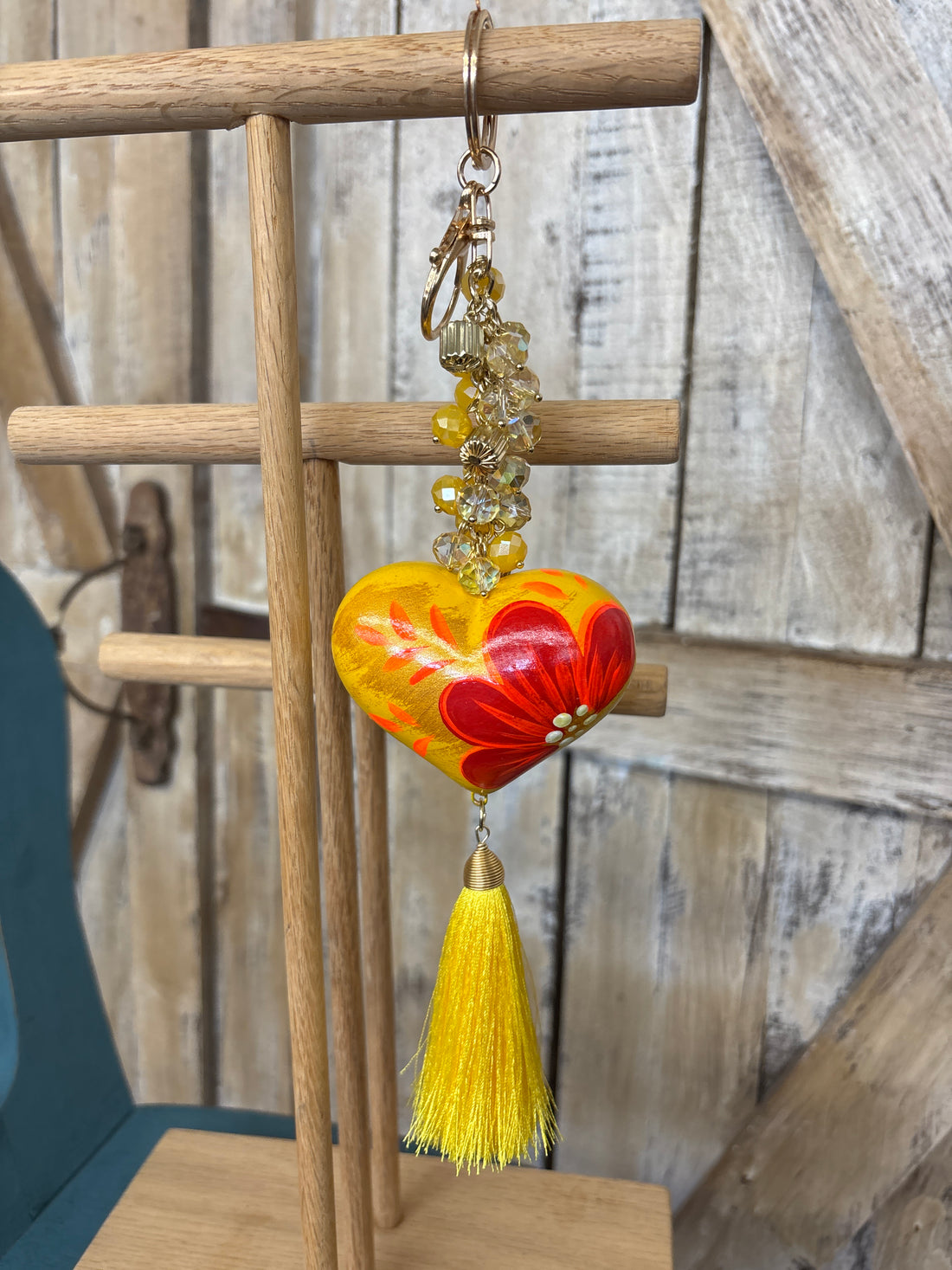 Yellow Painted Heart Beaded Keychain With Tassel