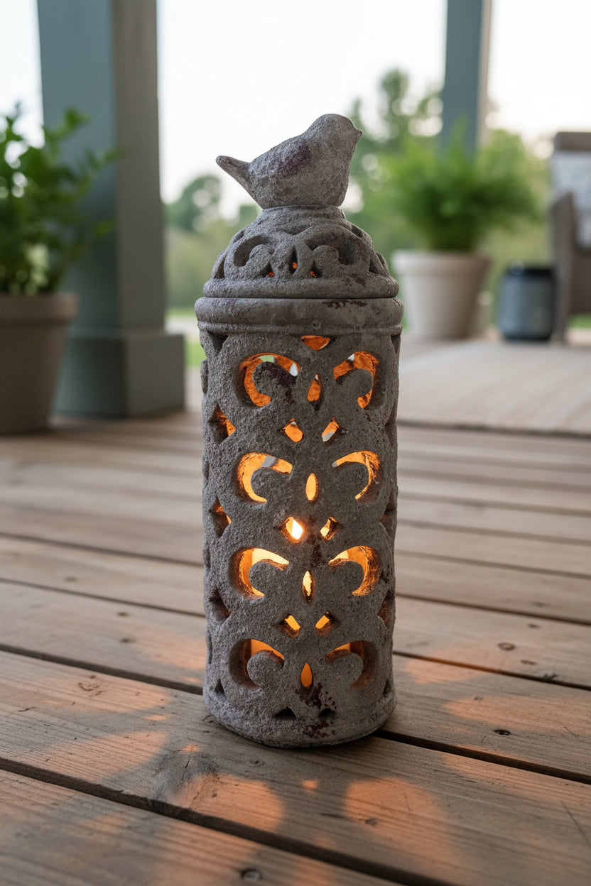 Round Concrete Lantern with Bird