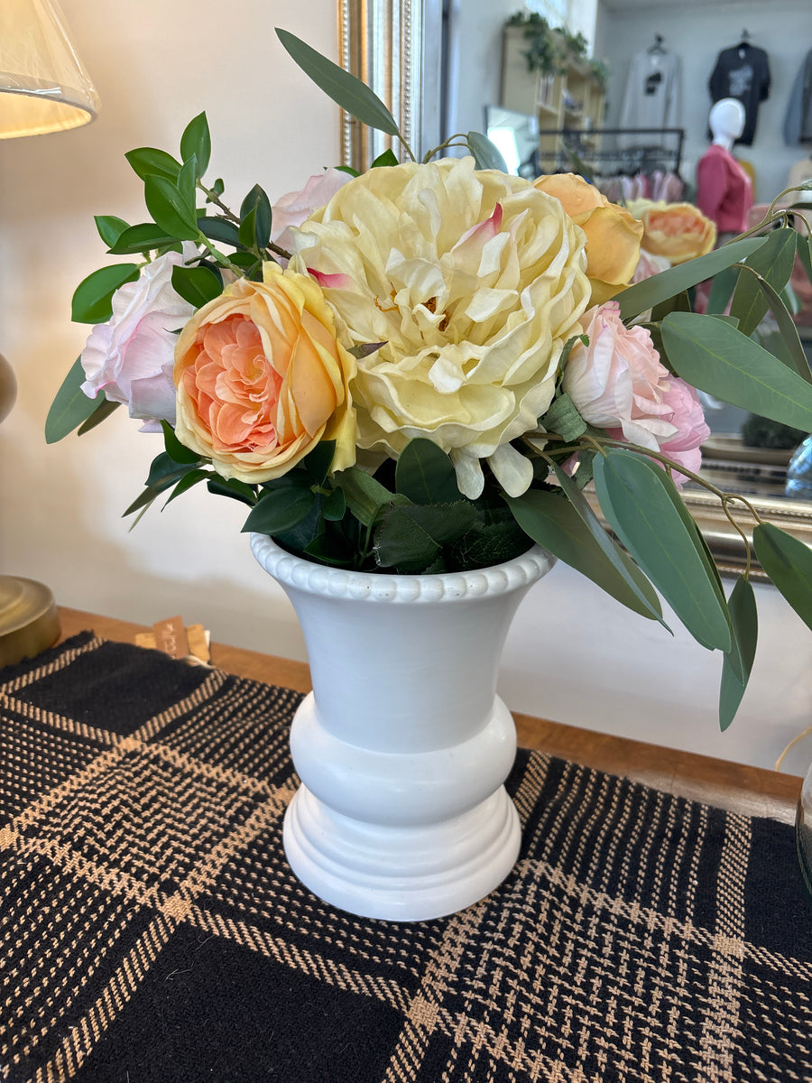 Pinks + Yellow Arrangement In White Vase