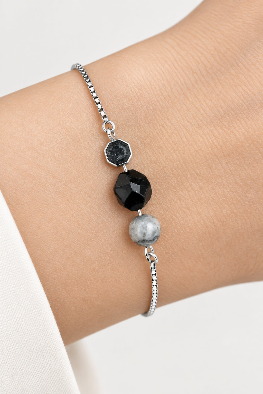 Silver Black Gem + Marble Grey Slider Bracelet
