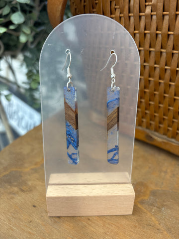 Smoky Blue & Wood Resin Drop Earrings