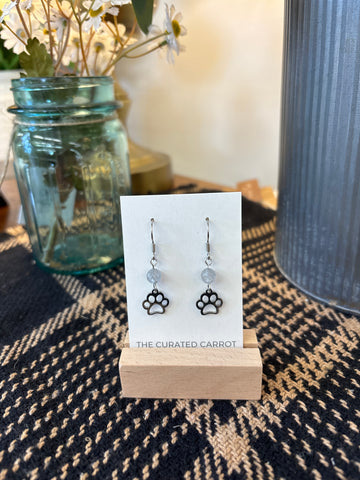 Silver Paw Print with Smoky Grey Bead Drop Earrings