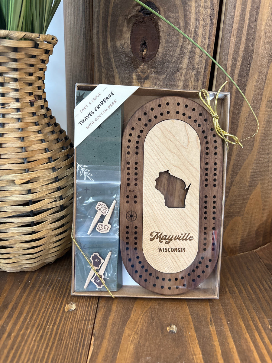 Wisconsin Mini Travel Cribbage Board Set: Mayville Wisconsin