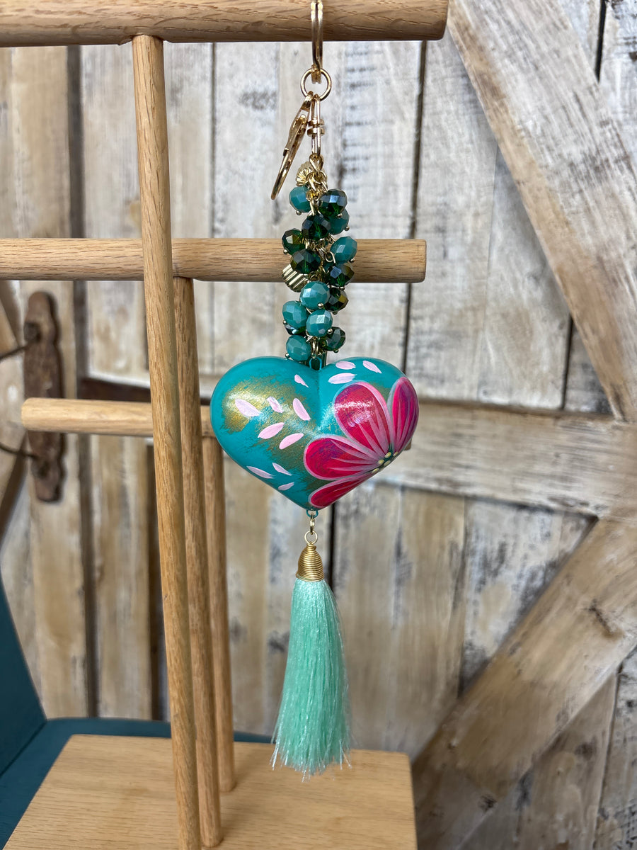 Aqua Painted Heart Beaded Keychain With Tassel