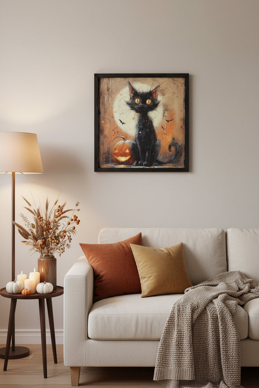 18" Framed Black Cat + Pumpkin Print