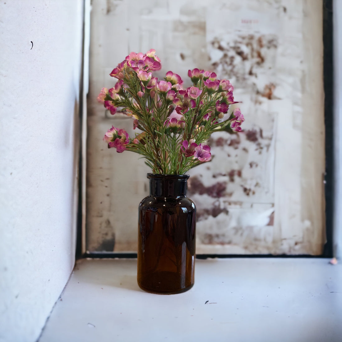Wax Flower Amber Apothecary Jar Arrangement