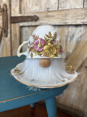 Pink + Yellow Floral Print Teacup Gnome
