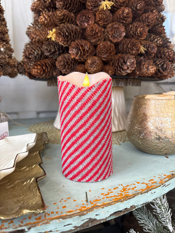 Red + Gray Striped Candle - 6"