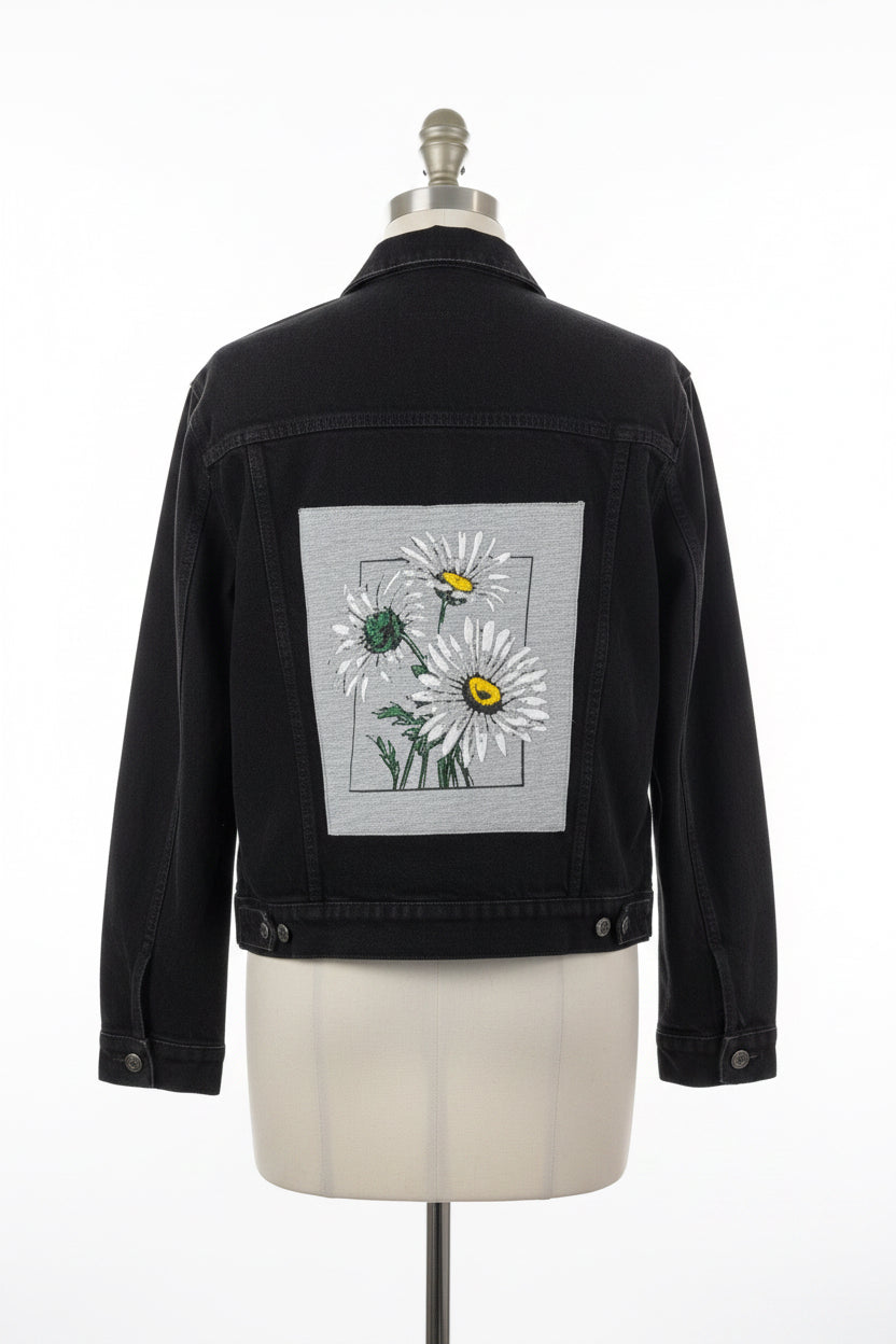 Repurposed Jacket with Gray Flowers Patch
