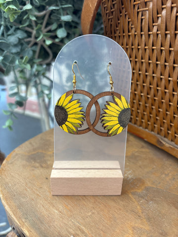 Wooden Sunflower Drop Earrings