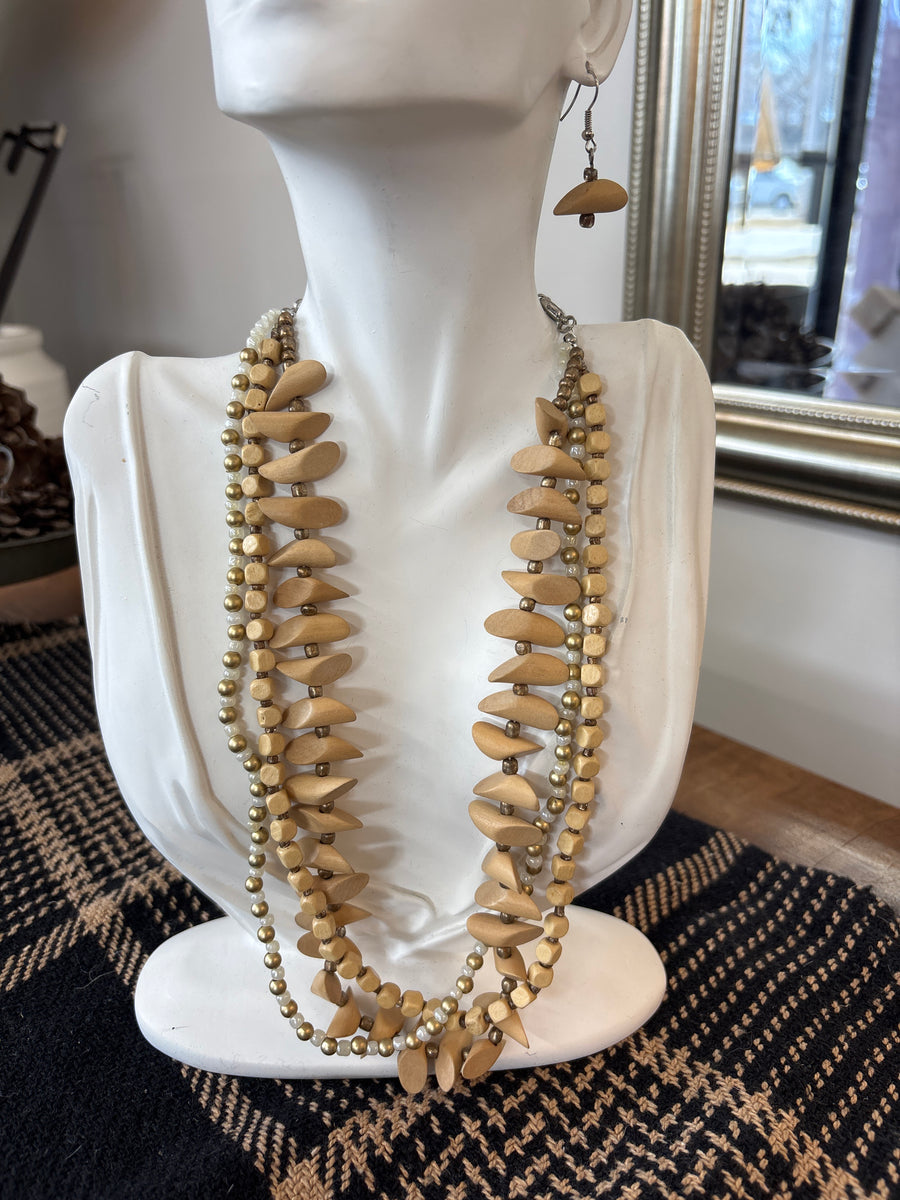 Tan Beaded Necklace + Earring Set