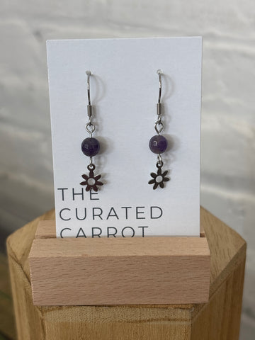 Silver Flower with Purple Bead Drop Earrings
