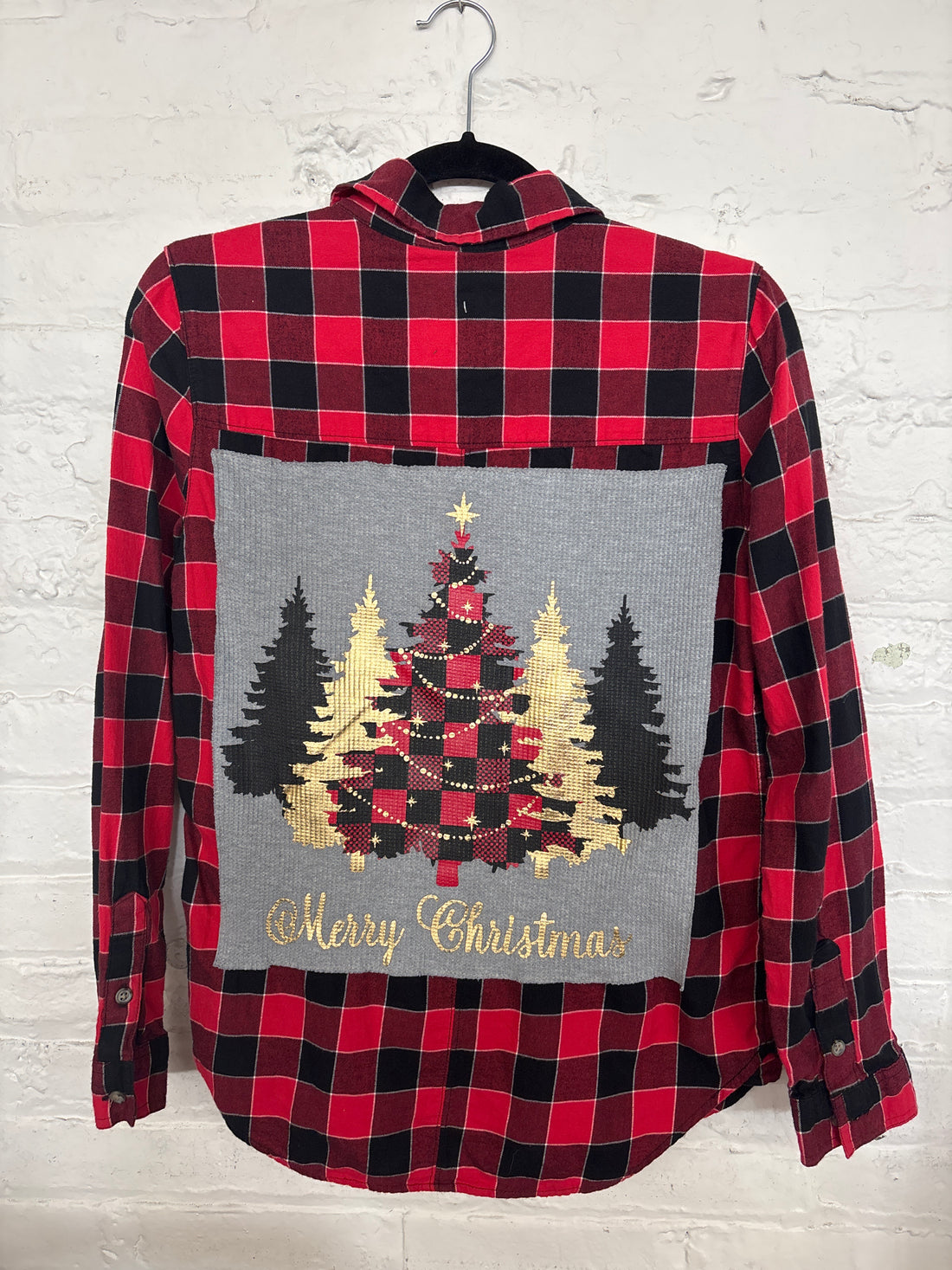Repurposed Flannel with Merry Christmas Patch