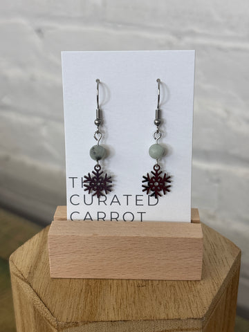 Silver Snowflake with Marbled Gray Bead Drop Earrings