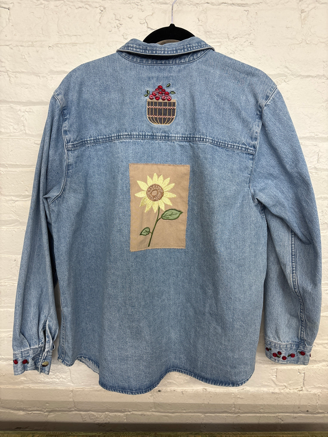 Repurposed Shirt with Sunflower + Button Cherries Patch