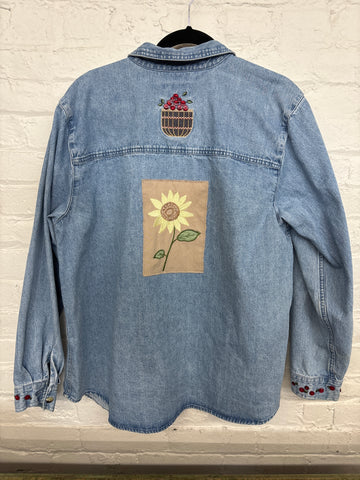Repurposed Shirt with Sunflower + Button Cherries Patch