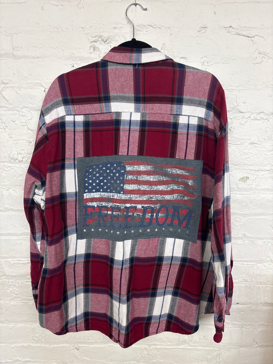 Repurposed Flannel Shirt with Freedom + Flag Patch