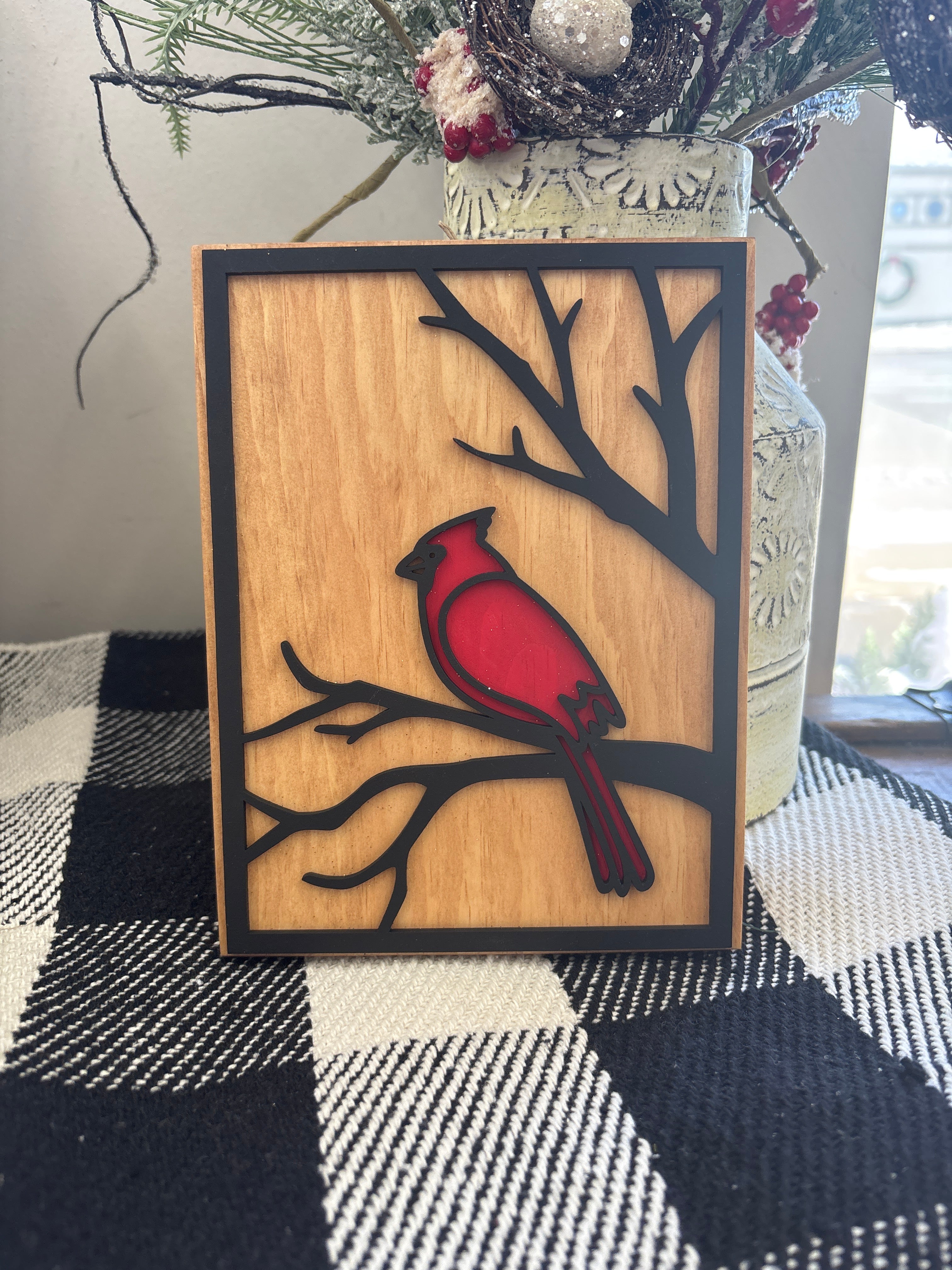 Cardinal In Tree Wooden Laser Sign – Flowers and Gray