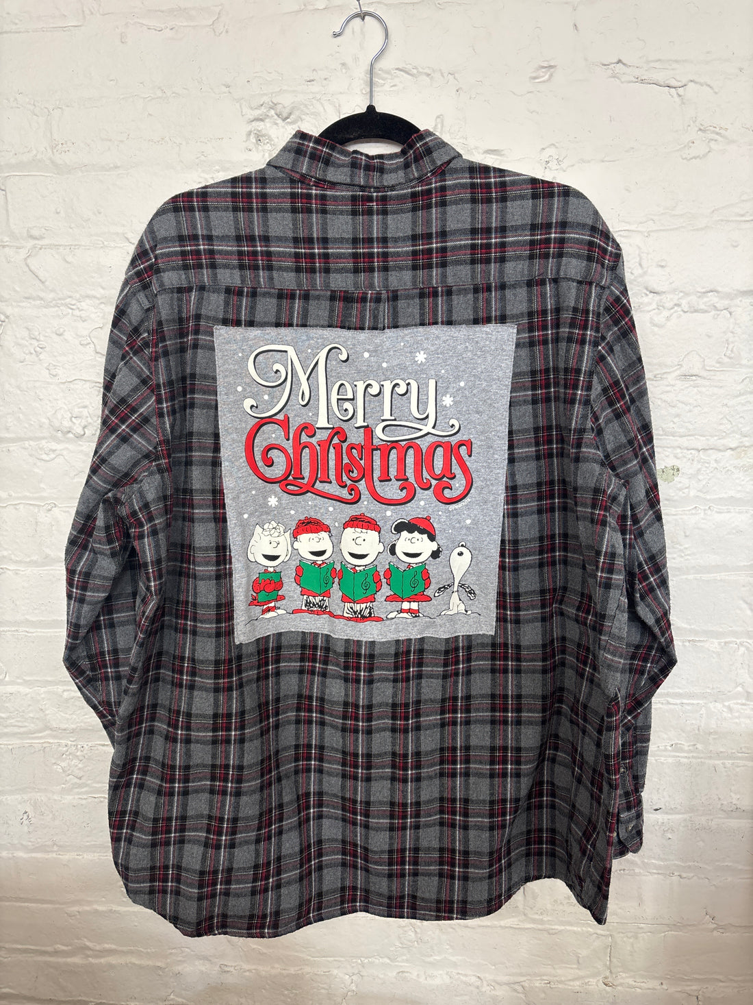 Repurposed Flannel with Merry Christmas Cartoon Carolers Patch
