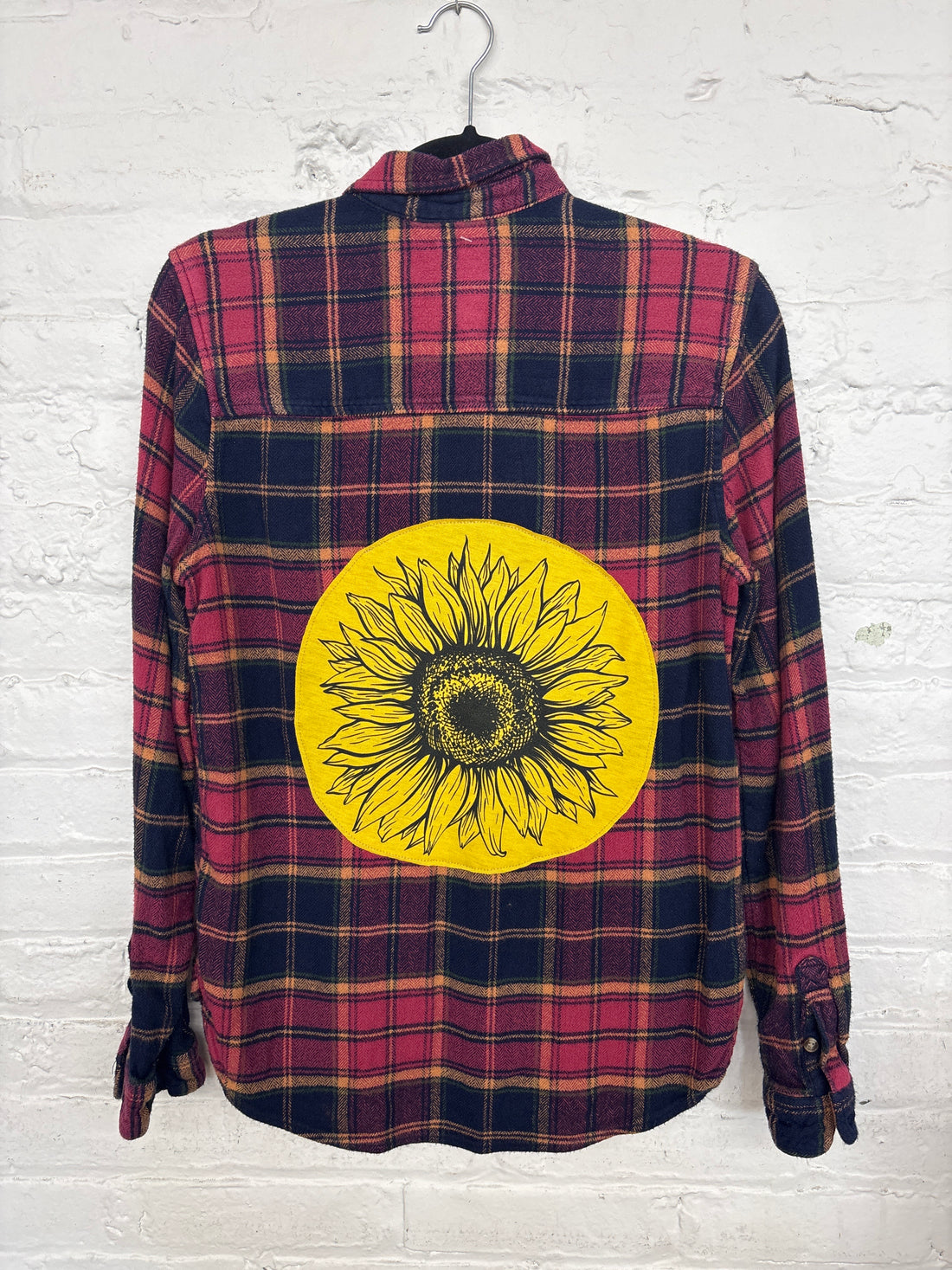 Repurposed Flannel Shirt with Yellow Sunflower Patch