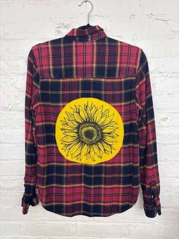 Repurposed Flannel Shirt with Yellow Sunflower Patch