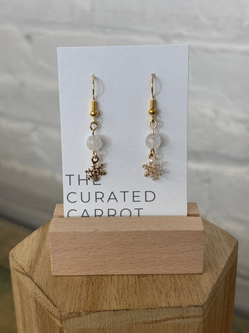 Gold Delicate Snowflake with Clear Bead Drop Earrings