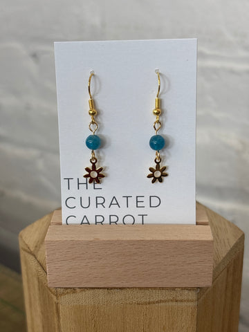 Gold Flower with Blue Bead Drop Earrings